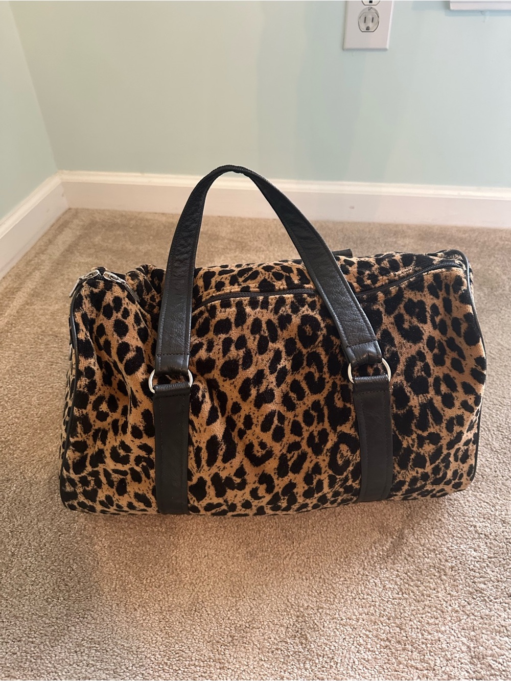 Leopard Print Weekender Bag with Black Leather Handles